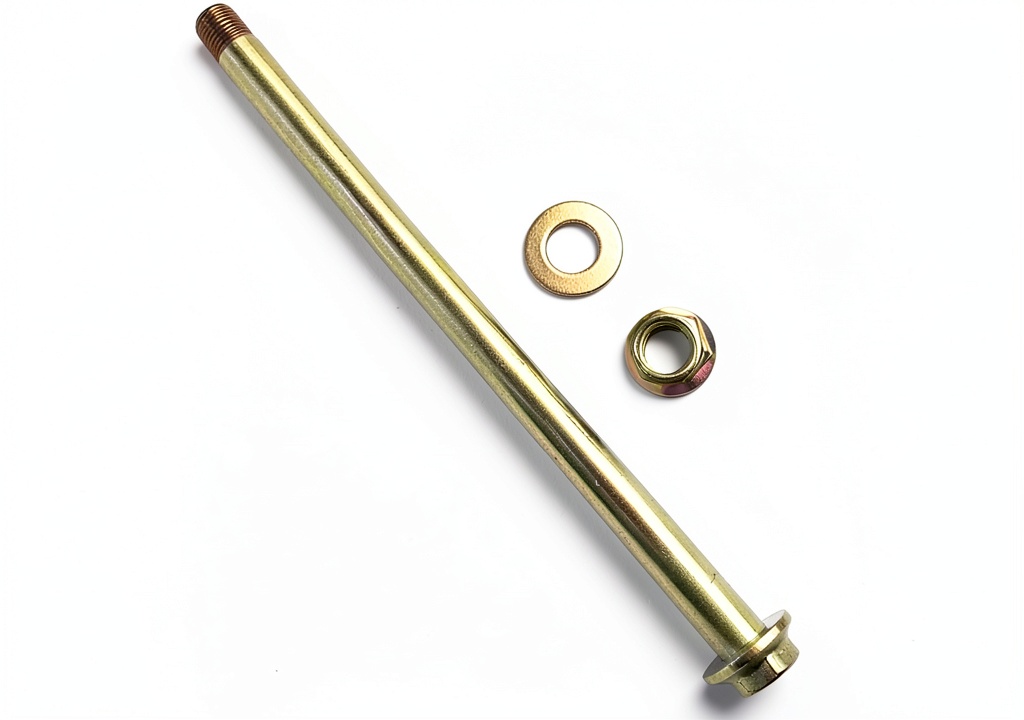 Installing Rear swingarm bolt BRGMAX Iron Zinc‑Plated on a wooden workbench